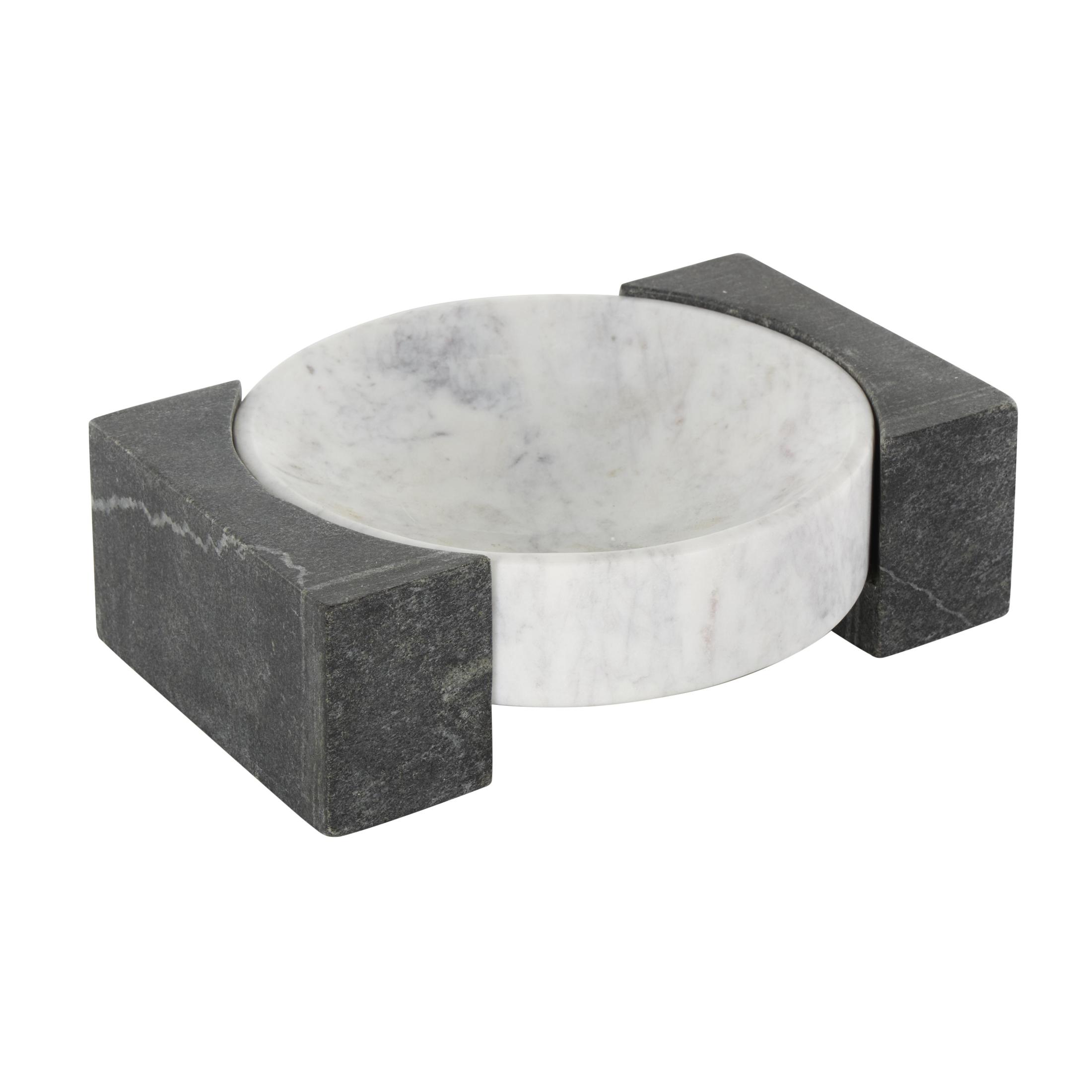 DecMode 10" x 8" White Marble Round Geometric Tray with Black Rectangular Blocks, 1-Piece
