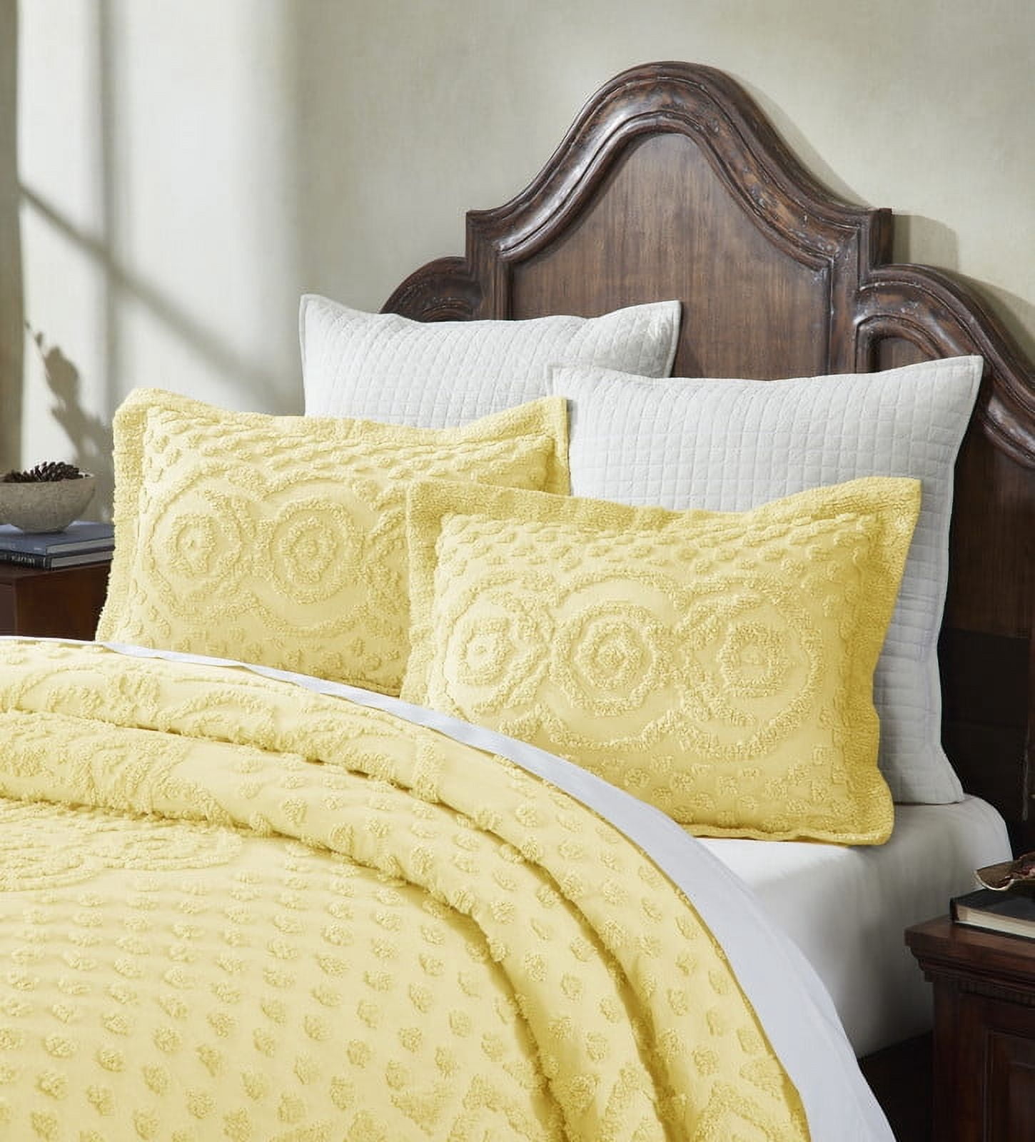 Better Trends 3 Piece Chenille Bedspread Set for Full/Double Bedspread 100% Cotton Medallion Design Lightweight Bedspread for all Season Heirloom Collection (Yellow)