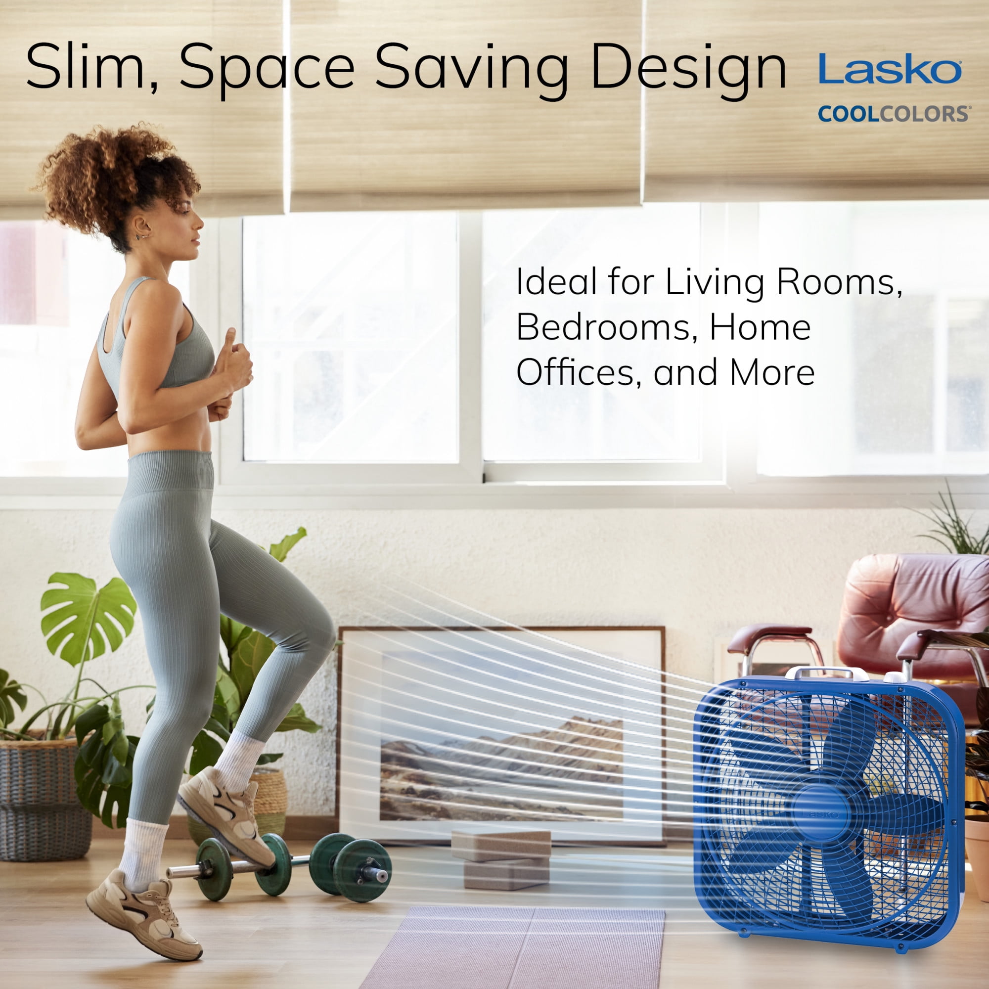 Lasko 20" Cool Colors Classic Box Fan with Weather-Resistant Motor, Portable Cooling Floor or Window Fan, 3 Speeds, Blue, B20308