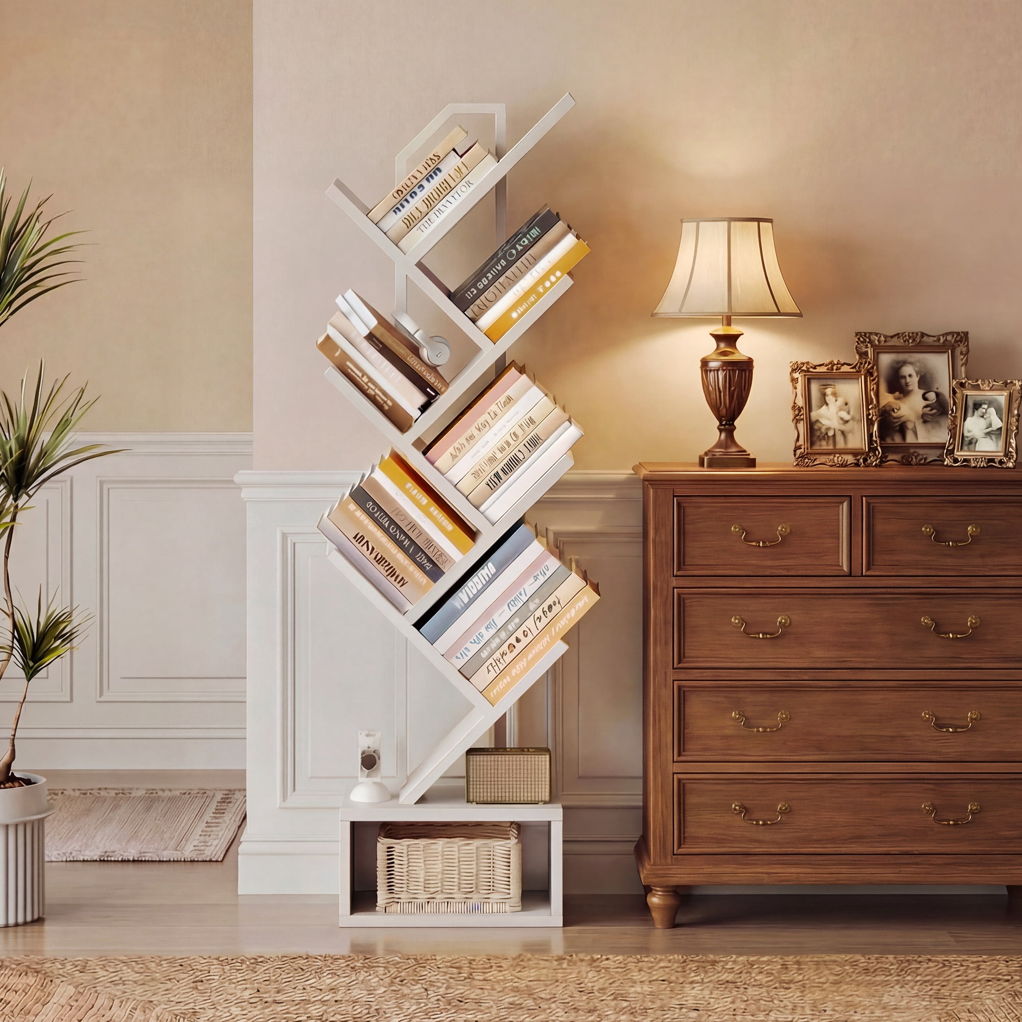 Casacomoda 6-Tier Tree Bookshelf for Corner & Small Space — Narrow Steel & Wood Bookcase, Tall Floor Standing Book Organizer Shelf with Storage Cabinet, Home Decor for Living Room, Bedroom, White