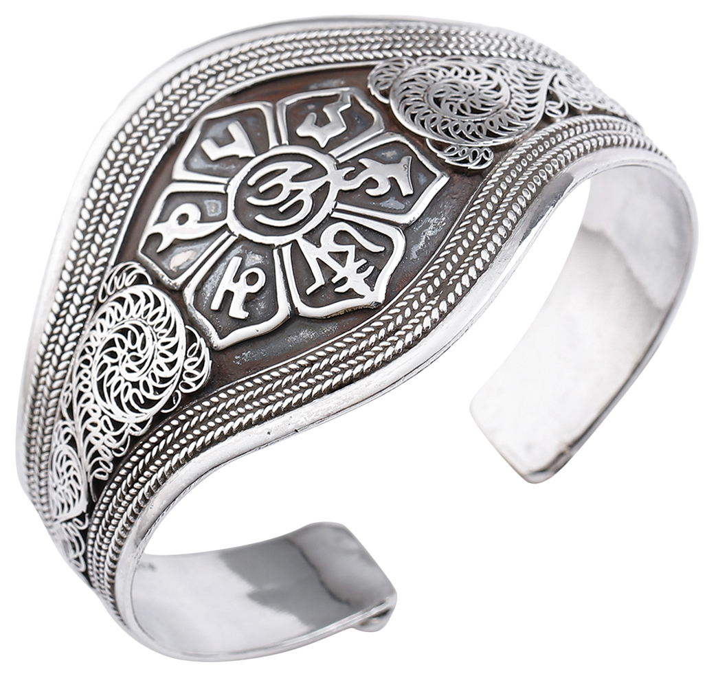 Tibetan Om Mani Padme Hum Stainless Steel Cuff Bracelet – Yoga & Meditation Gift