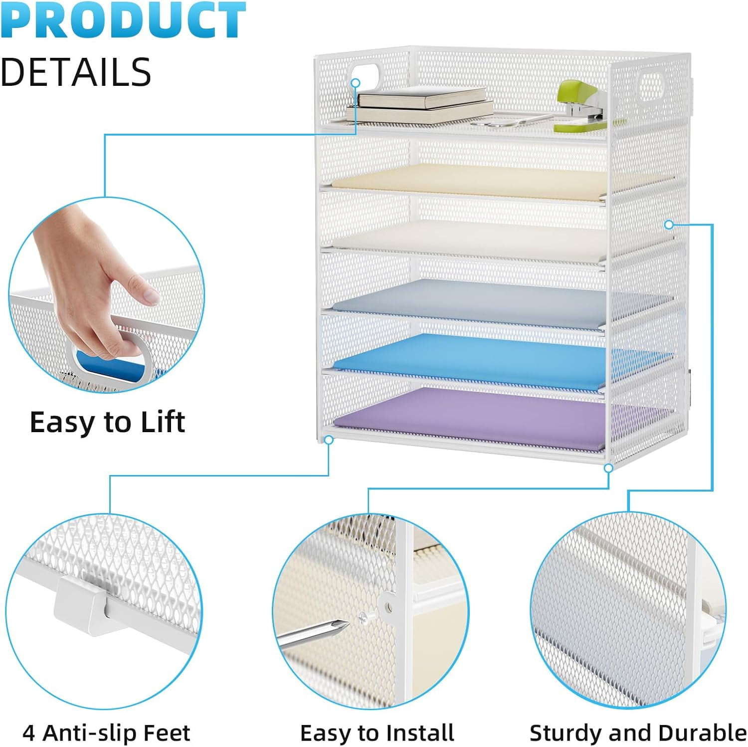 6 Tier Paper Organizer Letter Tray - Mesh Desk File Organizer with Handle, Paper Sorter for Letter/A4 Office File Folder Holder - White