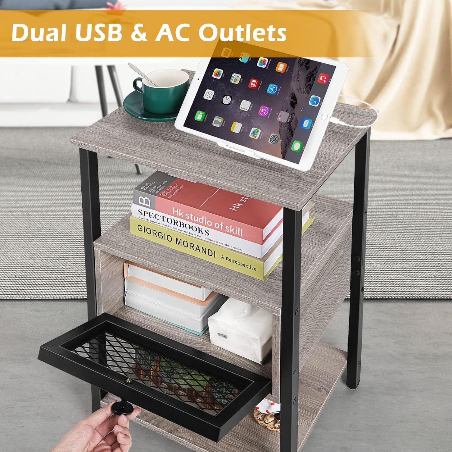 Nightstand with Charging Drawer Side Table Gray