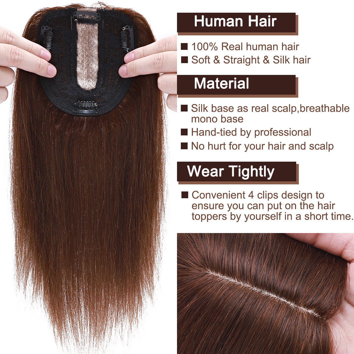 SEGO Clip in Hair Extensions Human Hair Toppers 100% Real Human Hair Topper for Thinning/Loss Hair Natural Black Hair Pieces