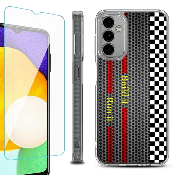 Shockproof Bumper Phone Case for Samsung Galaxy A14 5G, with Tempered Glass Screen Protector, by OneToughShield ® - Racing