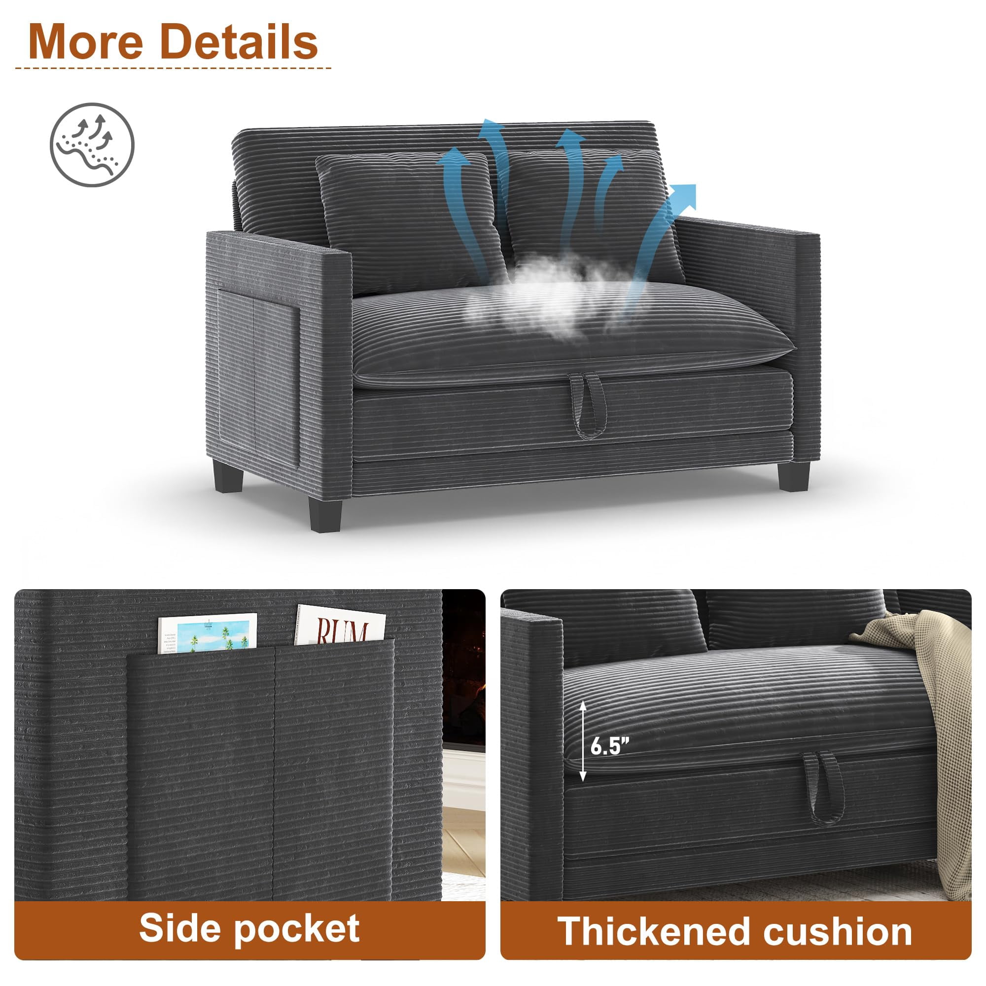 ANPOO 51 Inch Convertible Sofa Bed, 2-in-1 Folding Loveseat with Storage Pockets, 2 Pillows & Removable Cover, Modern Corduroy Sleeper Sofa for Small Spaces, Apartment and Living Room