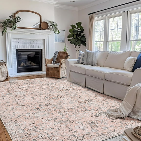 CAROMIO 9' x 12' Area Rug for Living Room Boho Vintage Rug Non Slip Pink Indoor Rug