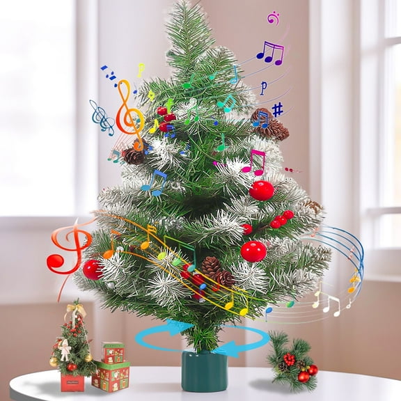 2ft  Pre-Lit Mini Christmas Tree, Small Xmas Tree with LED Lights & Rotating Base, Tabletop Artificial Christmas Tree for Home Office Desktop Decor