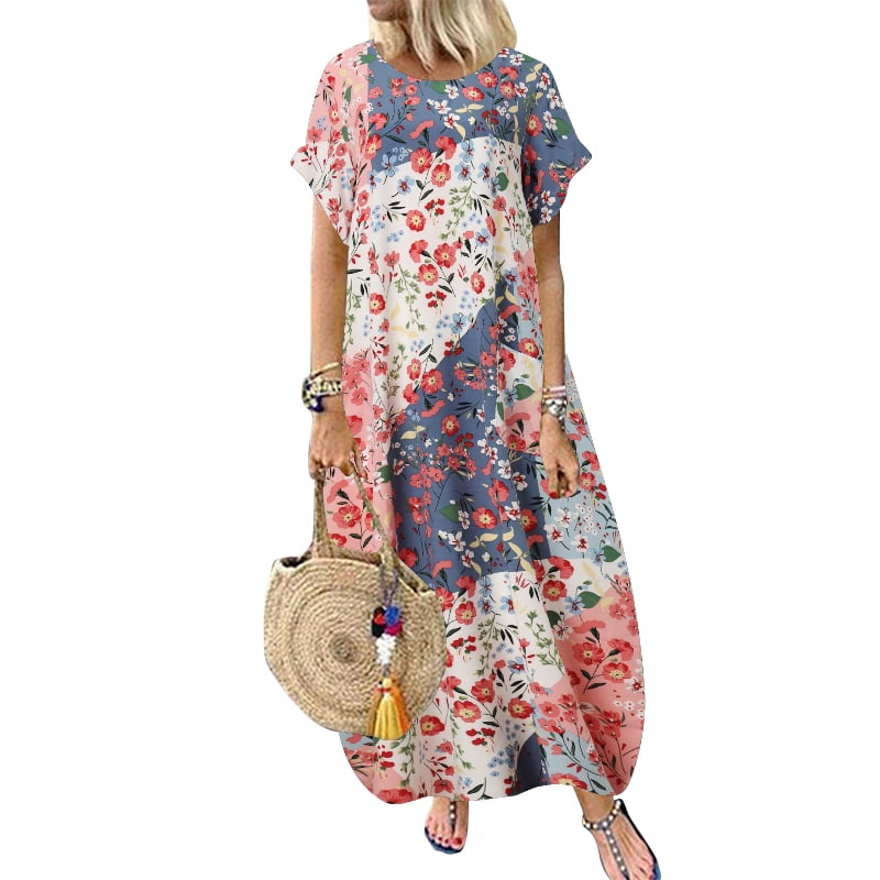 ZANZEA Women O Neck Short Sleeve Dress Casual Floral Print Summer Maxi ...