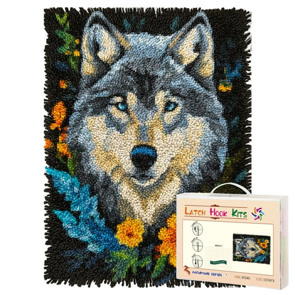 Latch Hook Rug Kit Gray Wolf Flowers Wreath Pre-printed Handmade Carpet Crochet Yarn Craft DIY Hook and Latch Door Mat Tapestry for Home Floor Decoration 52x38cm-1