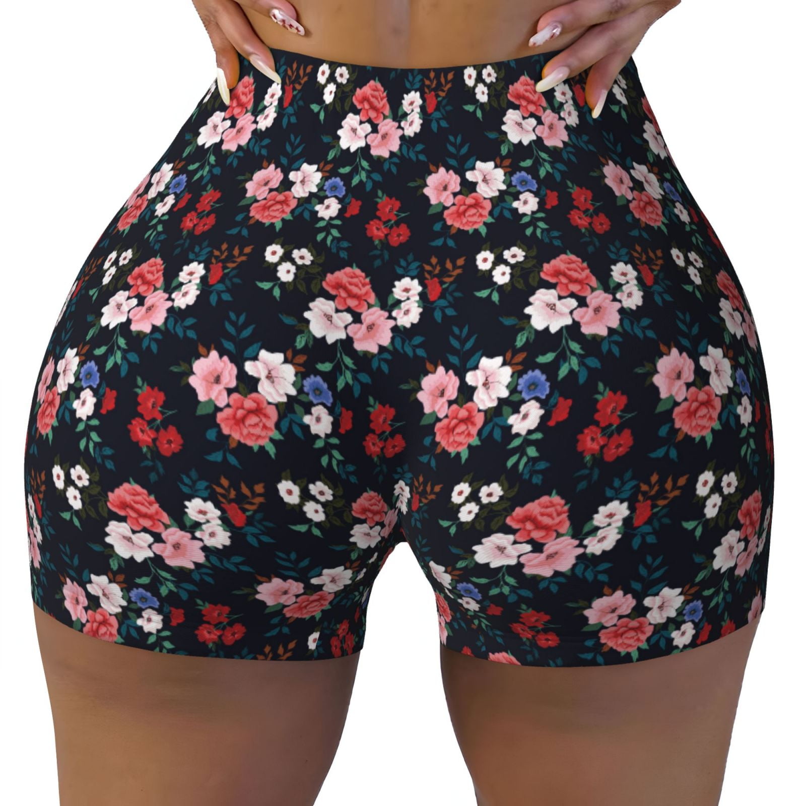 Fotbe Rose Flowers Seamless Shorts, Womens Workout Shorts High