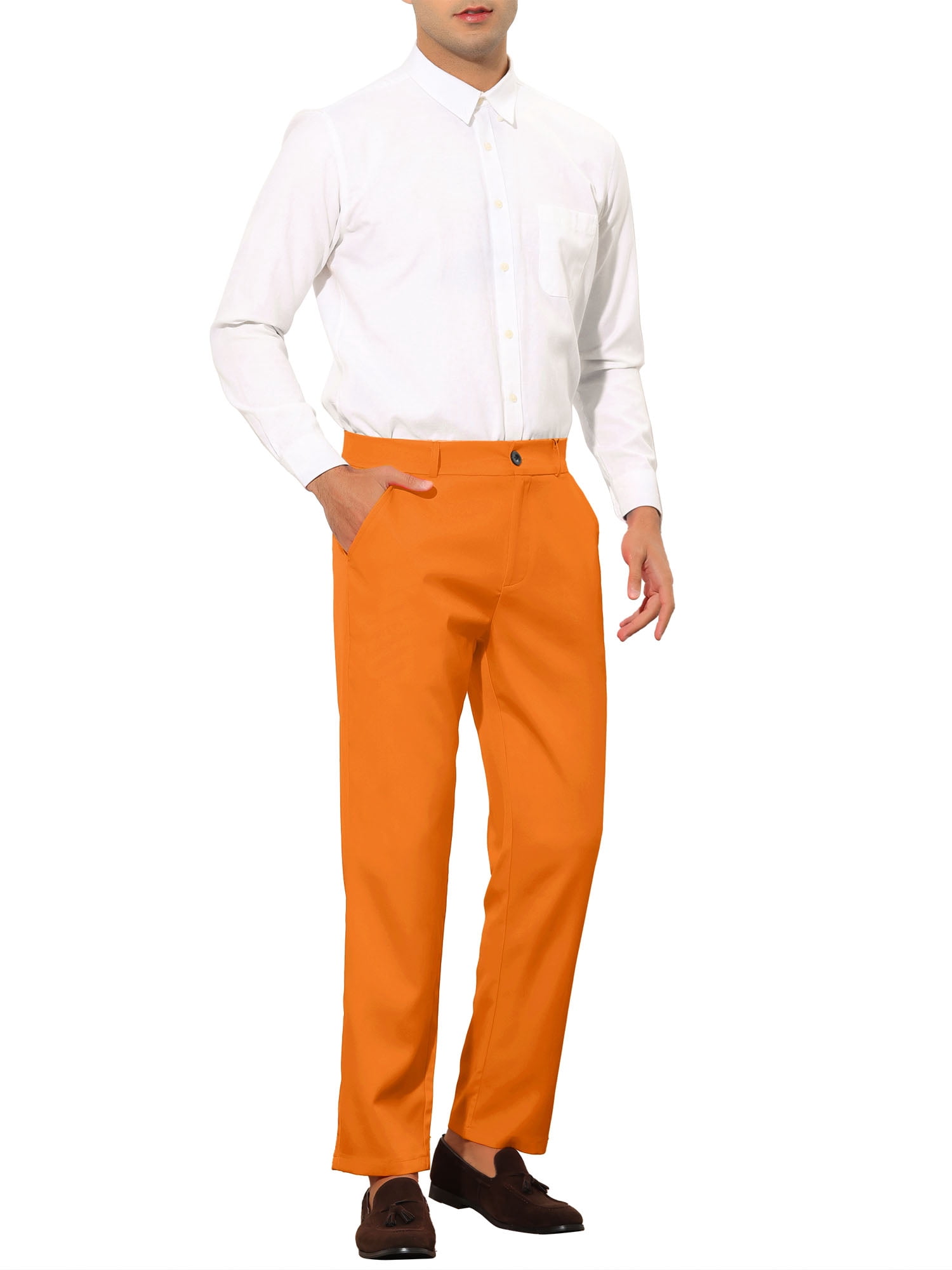 Unique Bargains Men's Slim Fit Trousers Flat Front Solid Color Business Pants 36 Orange