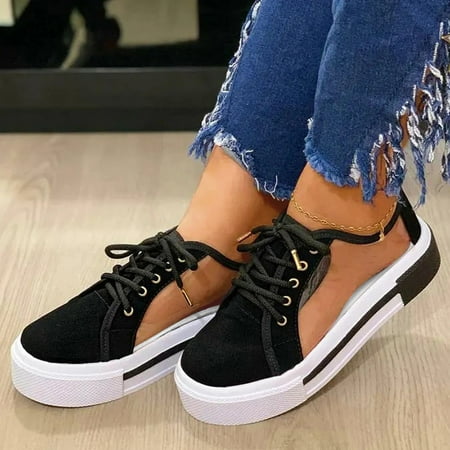 

HIBRO Women s Fashion Net Yarn Breathable Flat Casual Shoes Velvet Front Lace-up Single Shoes