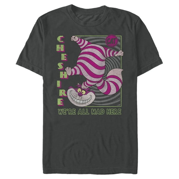 Men's Alice in Wonderland Cheshire Cat We're All Mad Here Square Graphic Tee Charcoal Medium