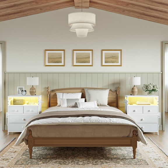 GUNAITO Led Nightstand Set of 2 with 4 Drawers Bedside Table with Charging Station Wide End Table with Storage Shelf for Living Room,White