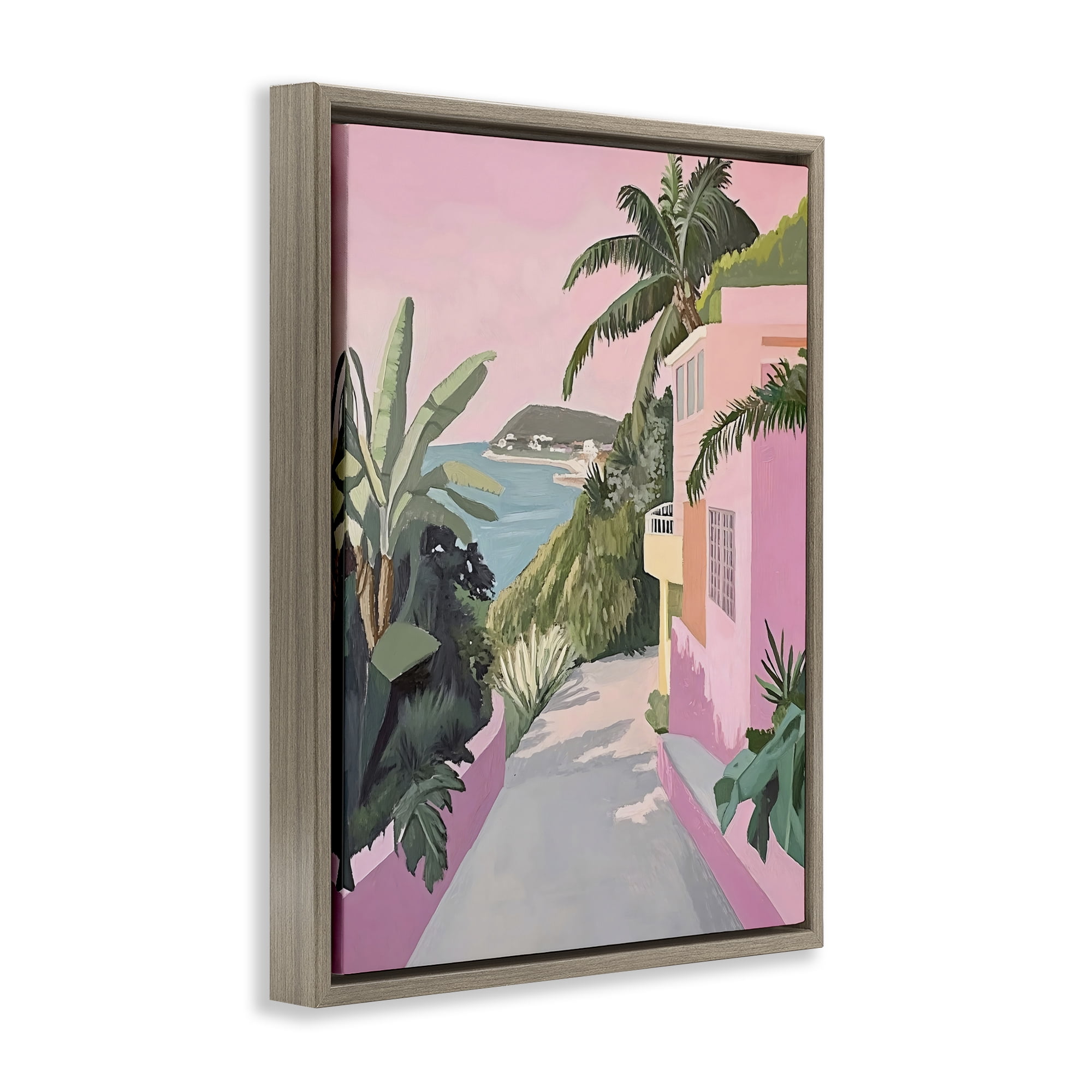 Stupell Industries Mediterranean Pink Coastal House Brown Framed Floater Canvas Wall Art, design by The Prints Vibe