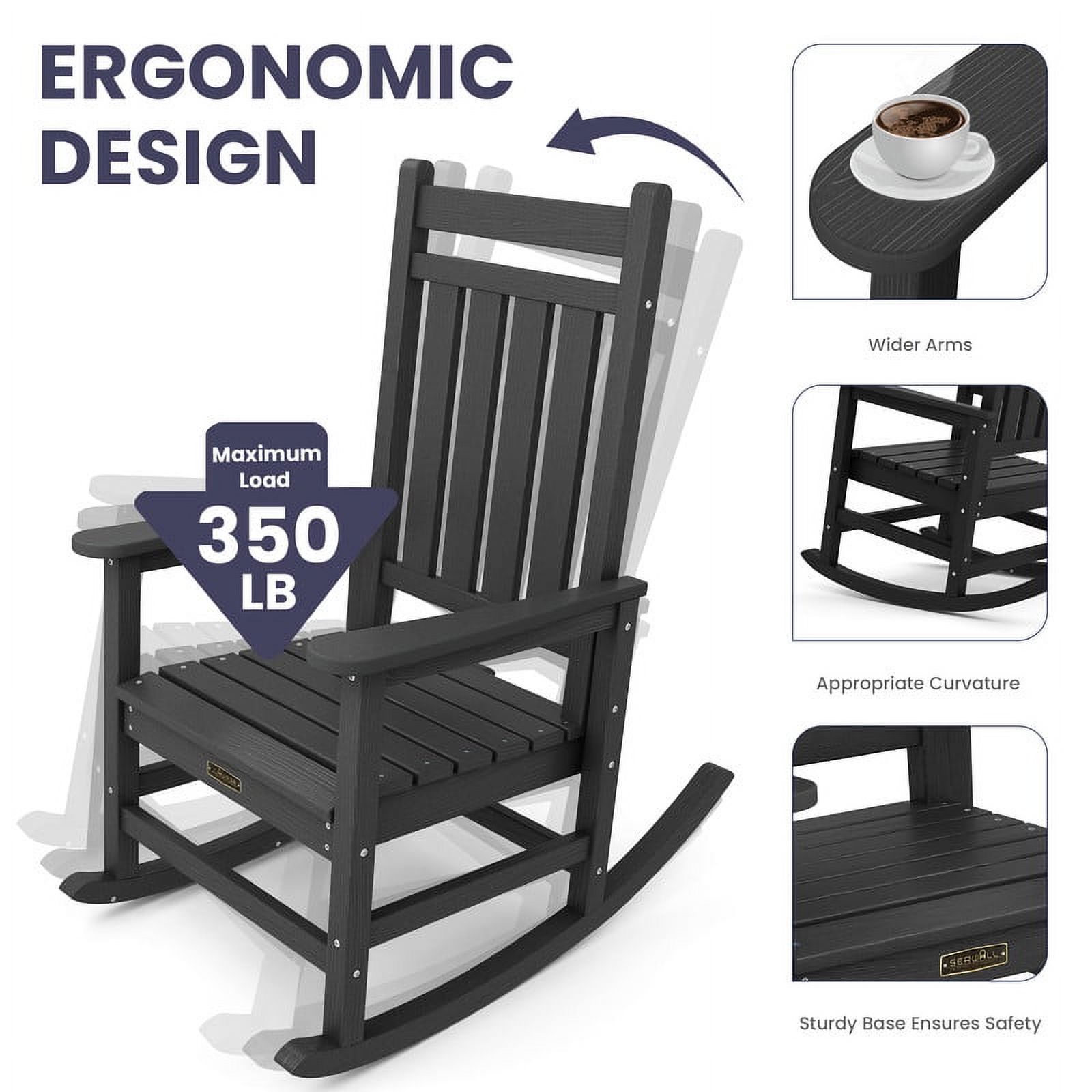 ROWHY  Outdoor Slat Rocking Chair, HDPE Plastic Porch Rocker, Black - image 4 of 5
