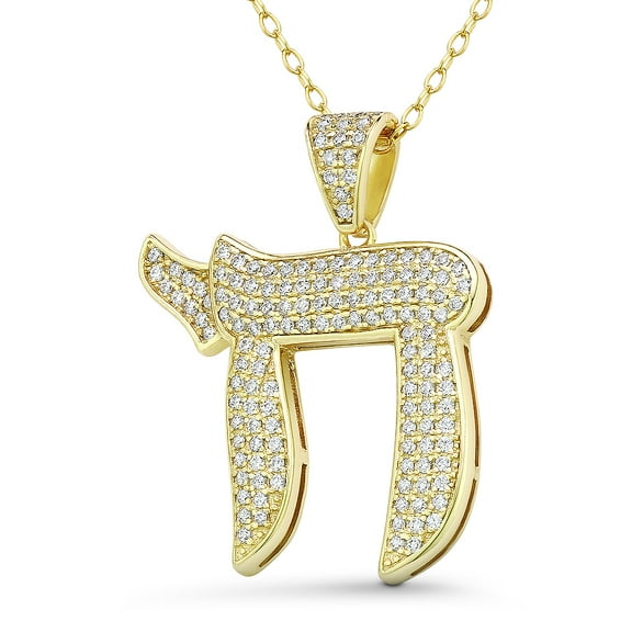 "Chai" Symbol Cubic Zirconia CZ Crystal Pave 30x25mm (1.2x1in) Jewish Pendant in .925 Sterling Silver w/ 14k Yellow Gold