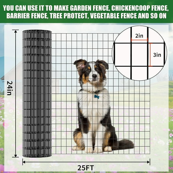 24 in x 25 ft Heavy-Duty Black PVC Coated Welded Wire Mesh Fence for Garden, Yard, Dog & Poultry