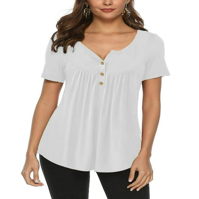 Womens Summer Plus Size Tunic Tops Short Sleeve Blouses Casual Floral Henley Shirts