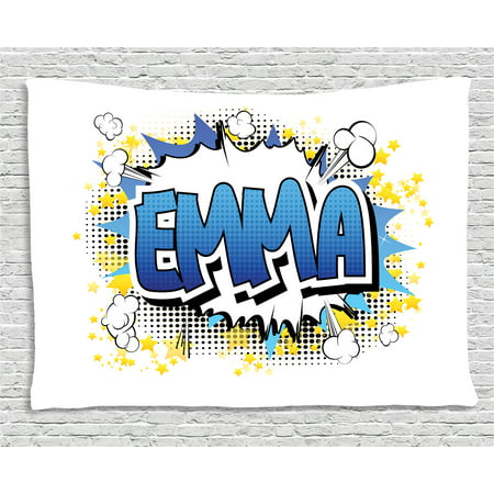 Emma Tapestry, Youthful Energetic Name Design for Teenage Girls Cartoon Stars and Burst, Wall Hanging for Bedroom Living Room Dorm Decor, 60W X 40L Inches, Blue Yellow and Black, by
