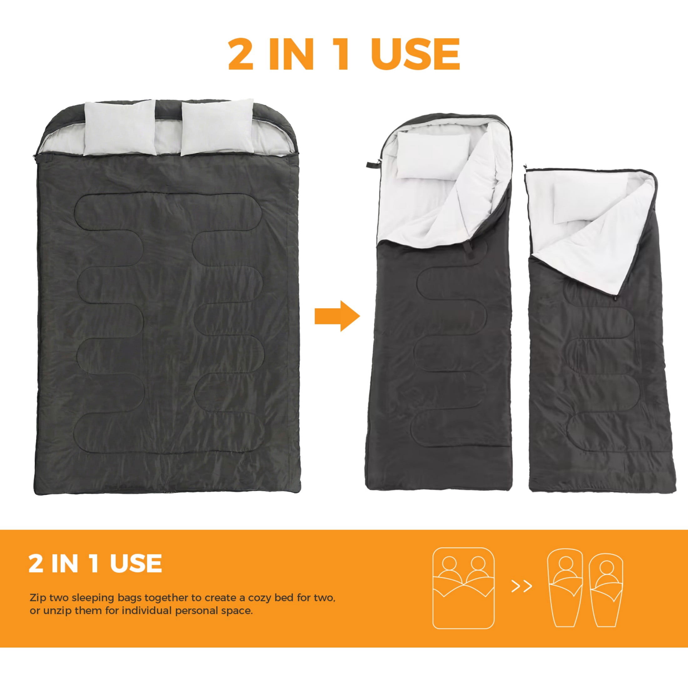 SHOUFTW Double Sleeping Bag for Adults, Lightweight Waterproof, Machine Washable for Camping Hiking Backpacking, Black