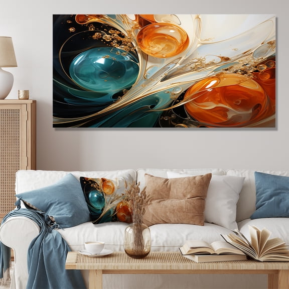 Designart "Ink Storm White, Blue, and Orange Fusion III" Oversized Abstract Wall Art - Modern Blue Abstract Painting Hallway Wall Art Decor