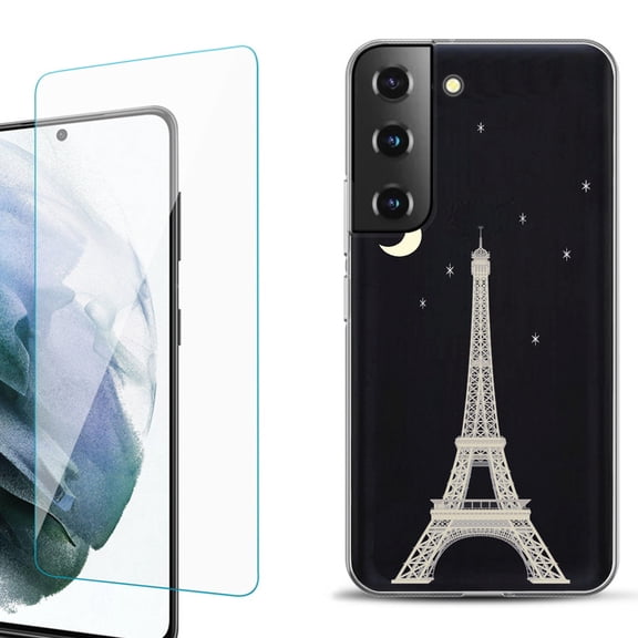 Slim-Fit Fashion Gel Phone Case for Samsung Galaxy S22  5G / S22 Plus 5G, with Tempered Glass Screen Protector, by OneToughShield ® - Eiffel Tower Moon