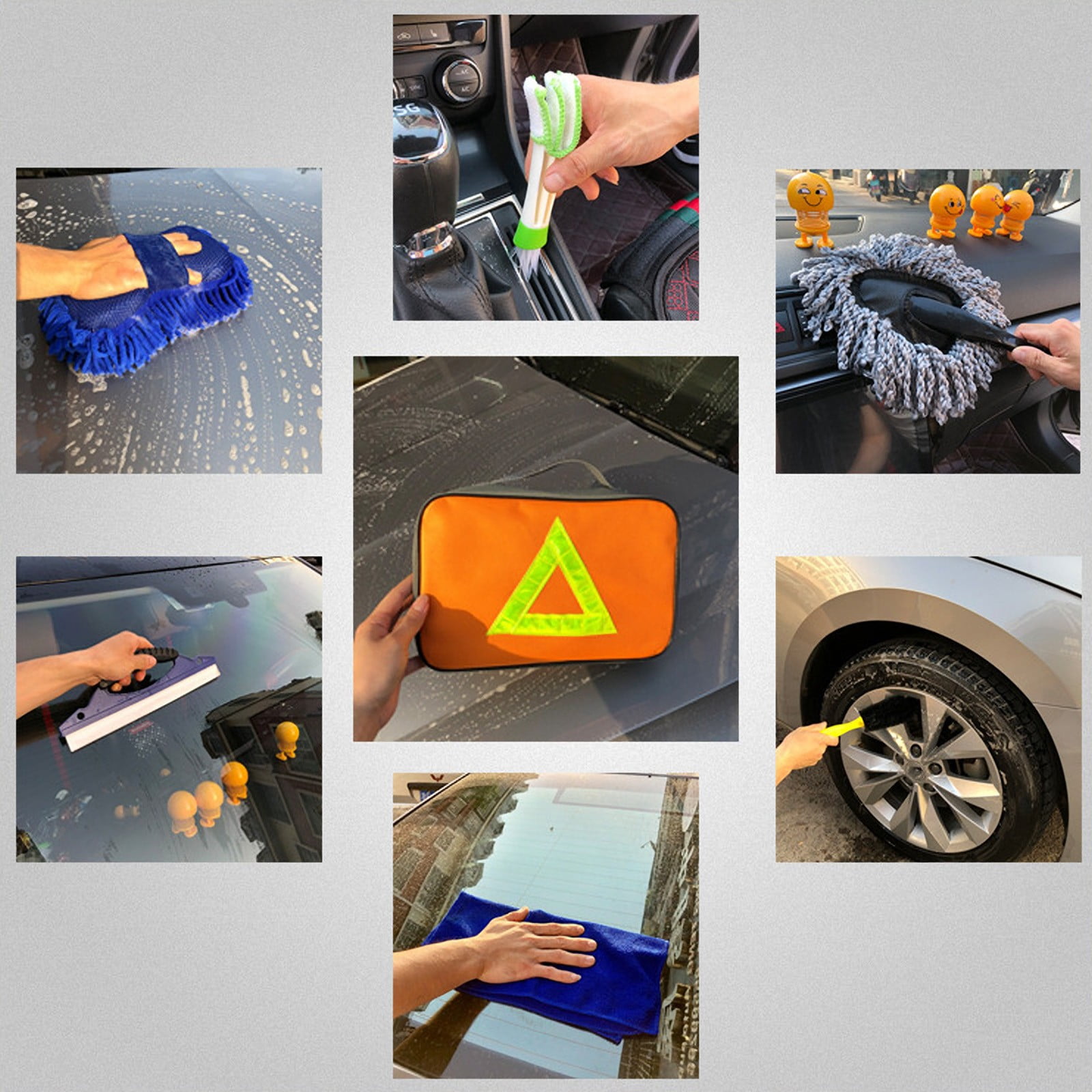 7 In 1 Car Detailing Wash Kit,Multi Function Cleaning Tool Set Storage Bag Including Brushes Sponge Towel Squeegee,Complete Interior Exterior Dust Stain Removal Supplies for Auto SUV RV