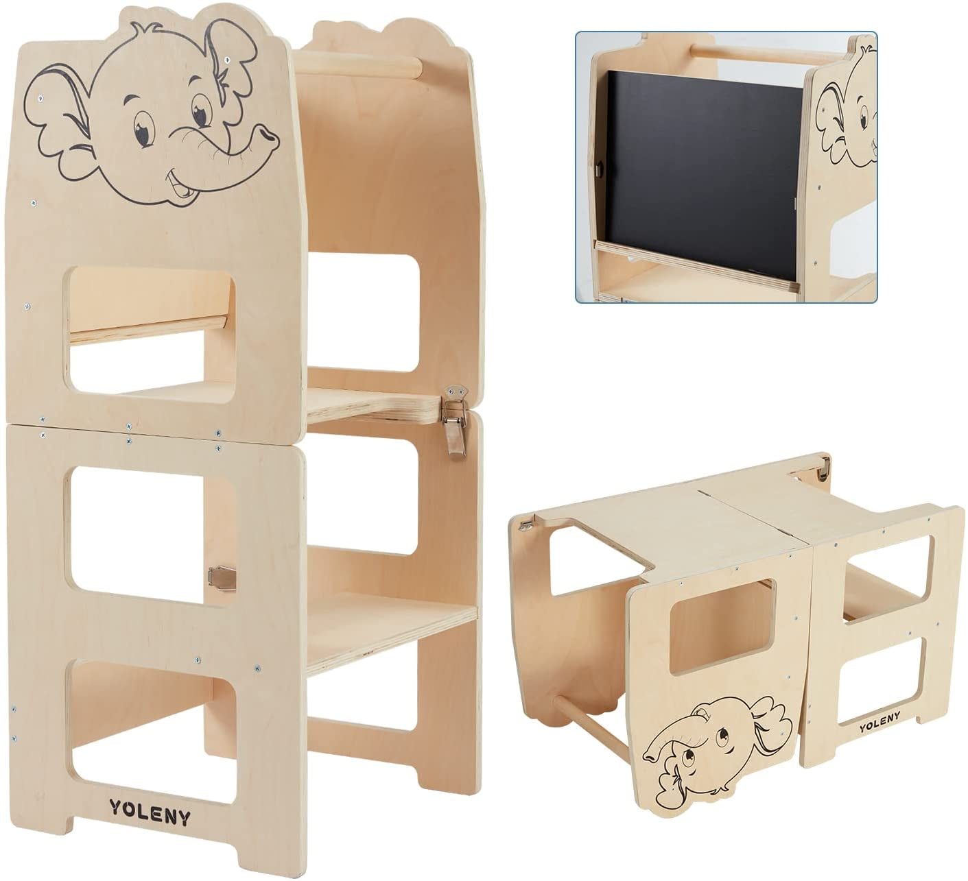 Yoleny Learning Tower Foldable with Chalkboard, 2-in-1 Learning Helper Tower, Convertible Helper Tower, Kitchen Helper Stool For Toddlers, Kids
