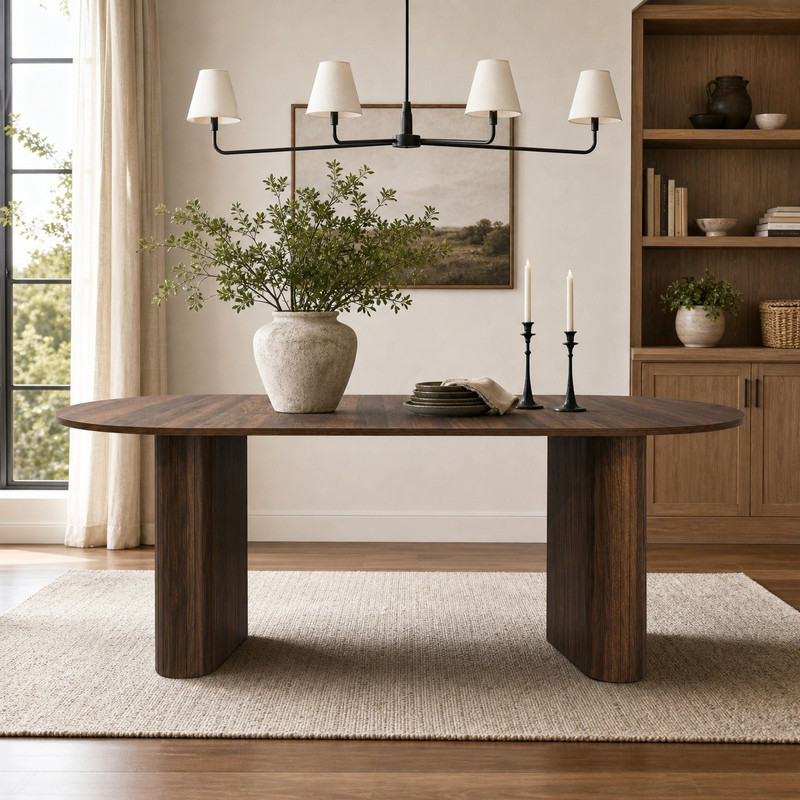 70.8" Long Oval Dining Table for 6-8, Large Wooden Kitchen Dinner Table with Striped Base & Non-Slip Foot Pads