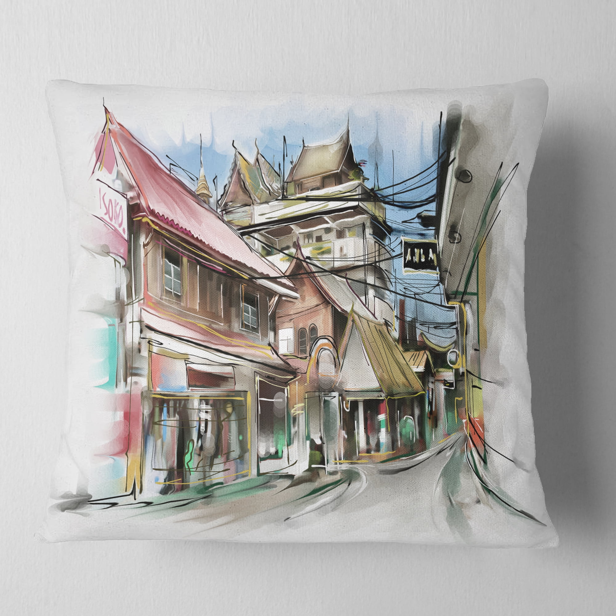 Designart City Street Illustration Art - Cityscape Street Throw Pillow - 18x18