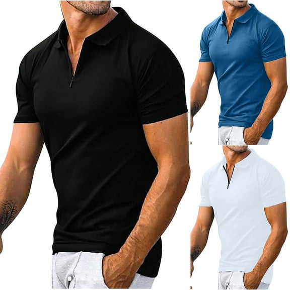 safuny Men's Slim Fit Tops Clearance Fashion Leisure Comfy Holiday Solid Color Tees Clothing Summer Zipper Lapel Pullover Short Sleeve Shirts Black M