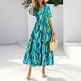 thumbnail image 2 of Women Summer Floral Midi Dresses Casual Boho Puff Short Sleeve V Neck Button Belt Flowy Maxi Beach Vacation Dress, 2 of 6