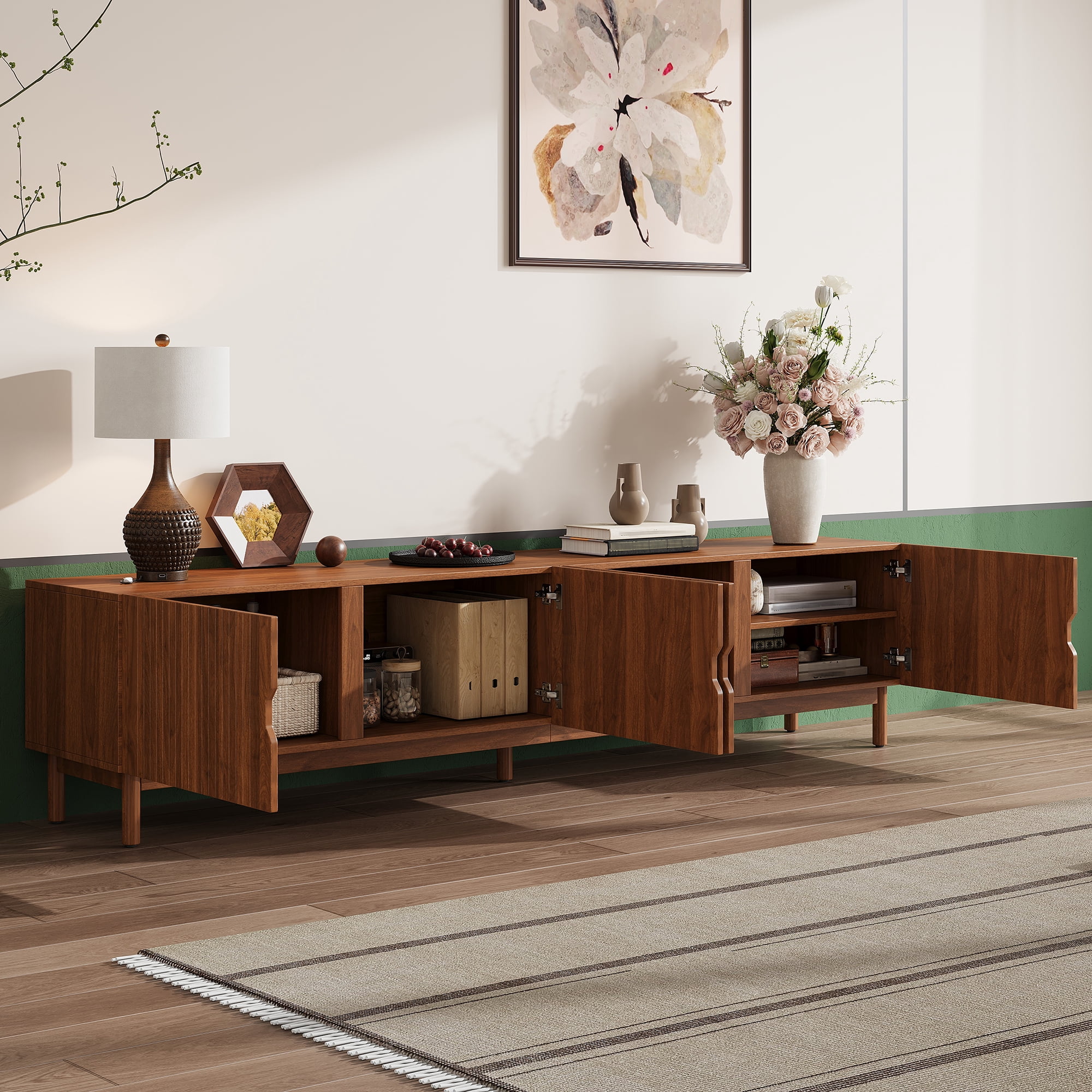 TV Stand for TVs up to 90 Inch, Entertainment Center with Vertical Groove Doors & 4 Cabinets, Media Console with Solid Wood Legs for Living Room