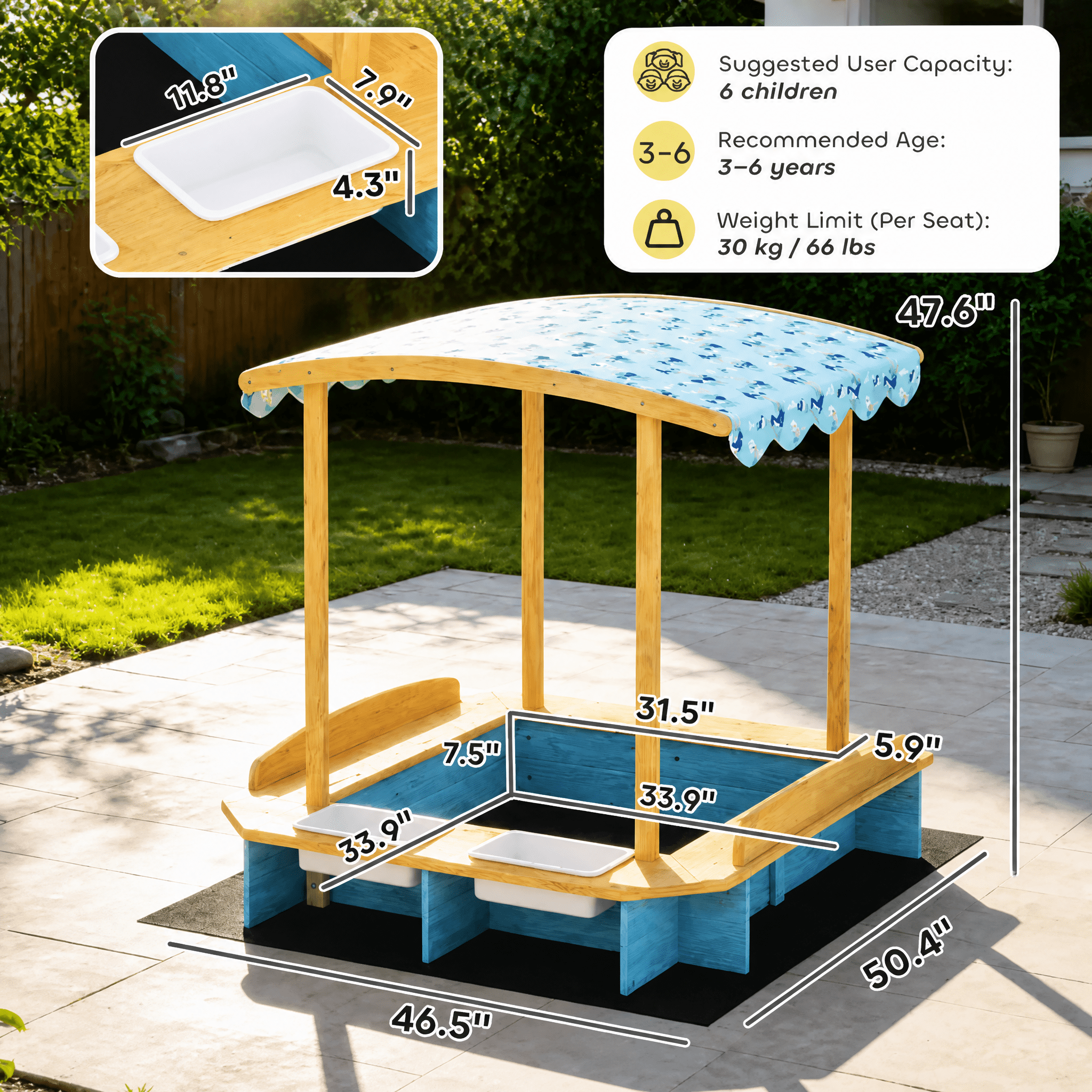 Kids Wooden Sandbox with Dinosaur Print Oxford Canopy, 3-Sided Bench Seats for 6 Children, 2 Removable Storage Boxes, Fir Wood Outdoor Sand Pit with Bottom Liner for Backyard Ages 3-6