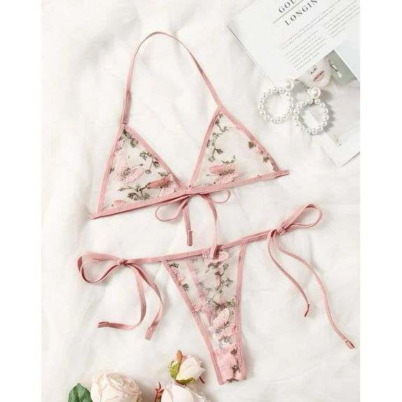 Pink Lingerie Set Butterfly Embroidered Lace