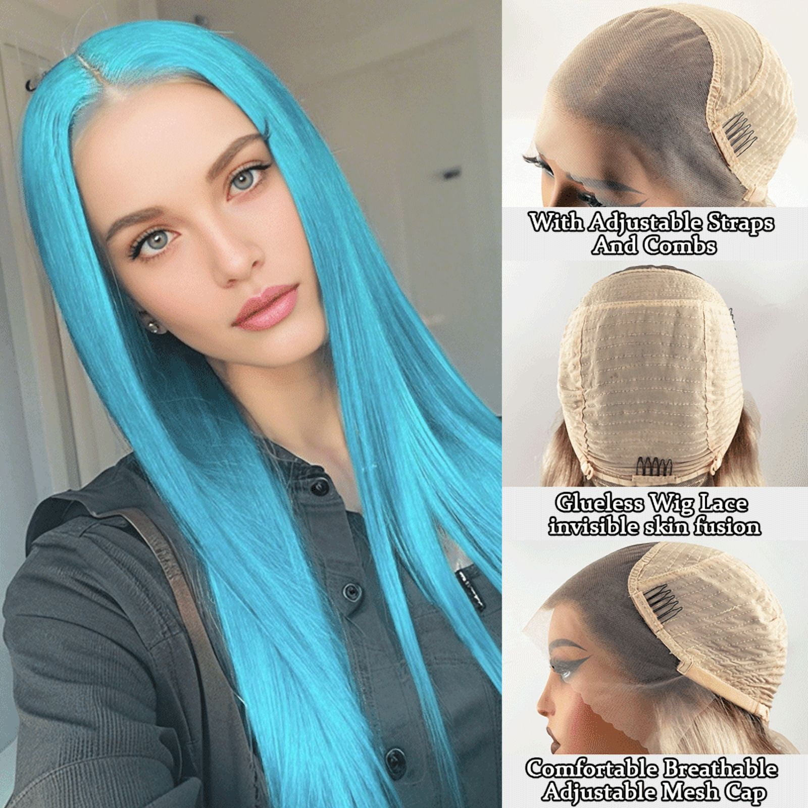 Light Blue Colored 13x4 Lace Front Wig Straight Brazilian Remy Human Hair Wigs Preplucked Natural Hairline High Density Elegant Hairstyle For Women Daily&Birthday&Wedding Use Wig 180 Density 24 Inch