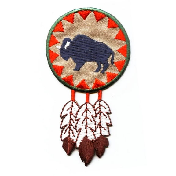 Indian Buffalo/Bison Round - Feathers - Iron on Applique/Embroidered Patch