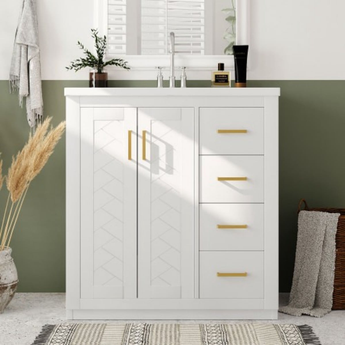 30" Bathroom Vanity with Ceramic Sink Combo, Freestanding Bathroom Vanity Cabinet with 3 Drawers, Solid Wood Frame, Retro Style, White