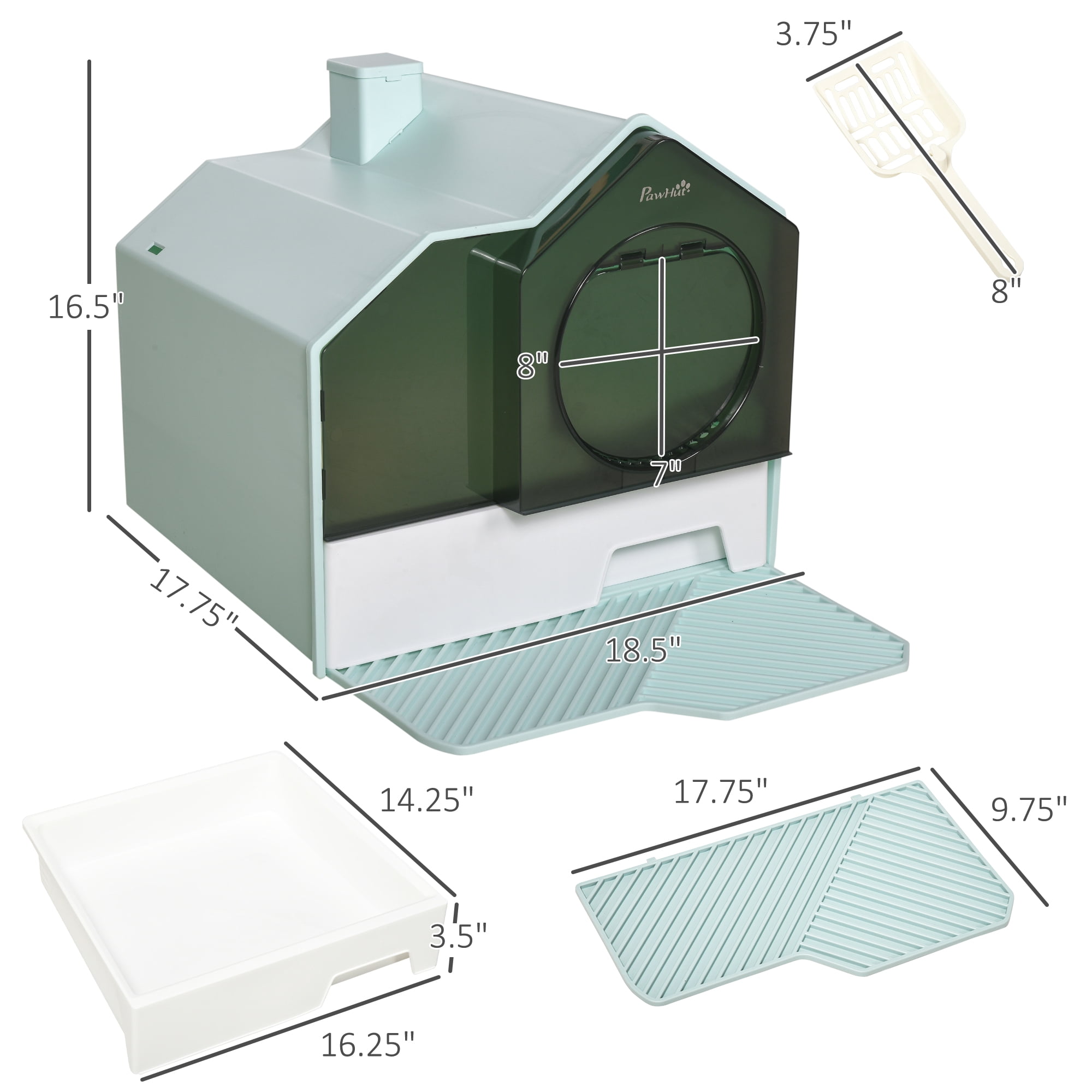 Hooded Cat Litter Box with Litter Mat Odor Control Pull-Out Drawer Handle Scoop Enclosed Kitty Litter Pan Light Blue