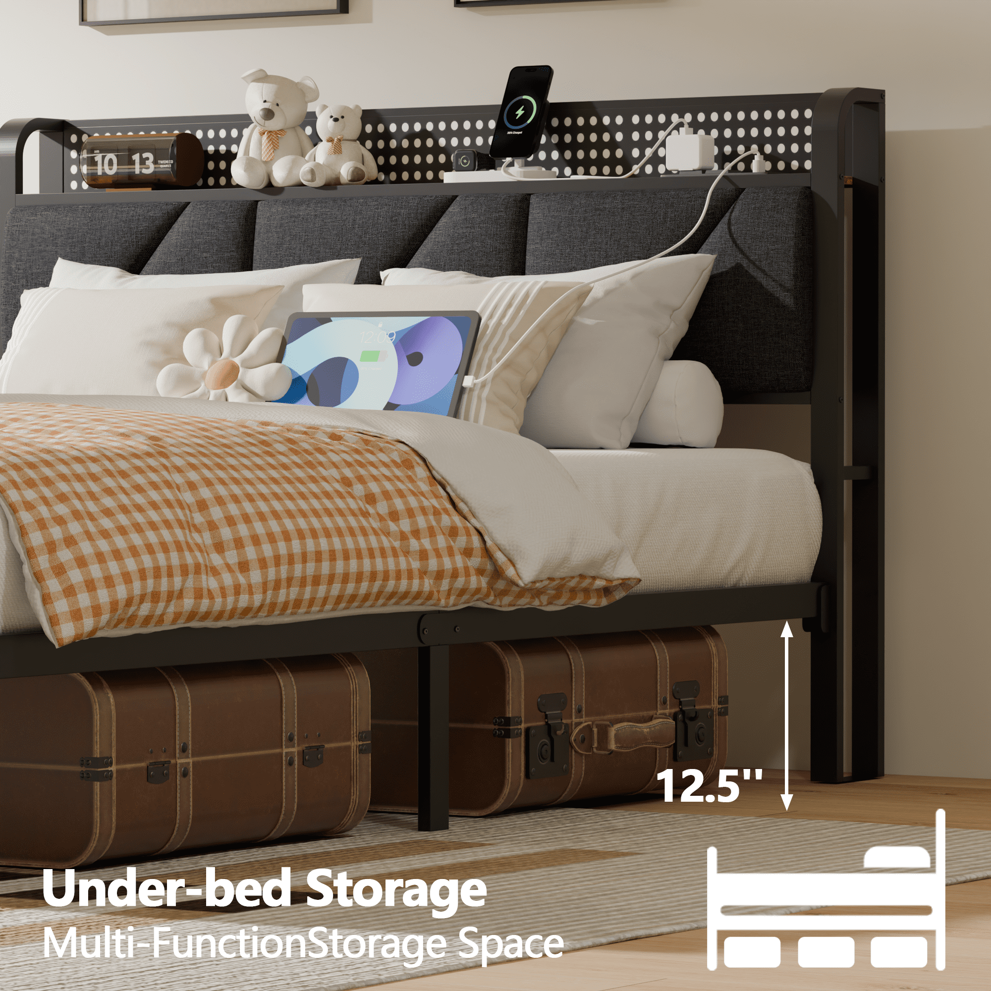 Tydimor Queen Size Metal Smart Bed Frames with Upholstered Headboard, LED Lights, USB Ports and Outlets & Underbed, Rustic Brown
