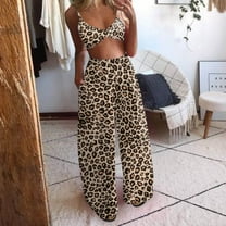 Patlollav Womens Summer Bohemian Floral Print Crop Tops Pants Wide Leg 2 Piece Set