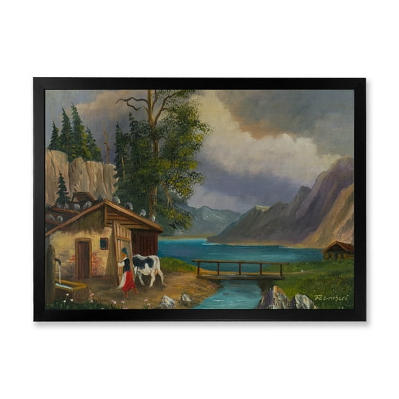 Girl Brings The Cow Into The Stable At A Lake 40 in x 30 in Framed Painting Canvas Art Print, by Designart