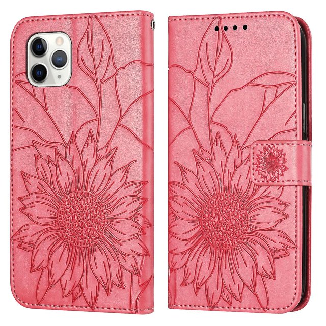 Funda tipo cartera con girasoles grabados para iPhone 11 Pro Max: elegante, multifuncional y con protección total.