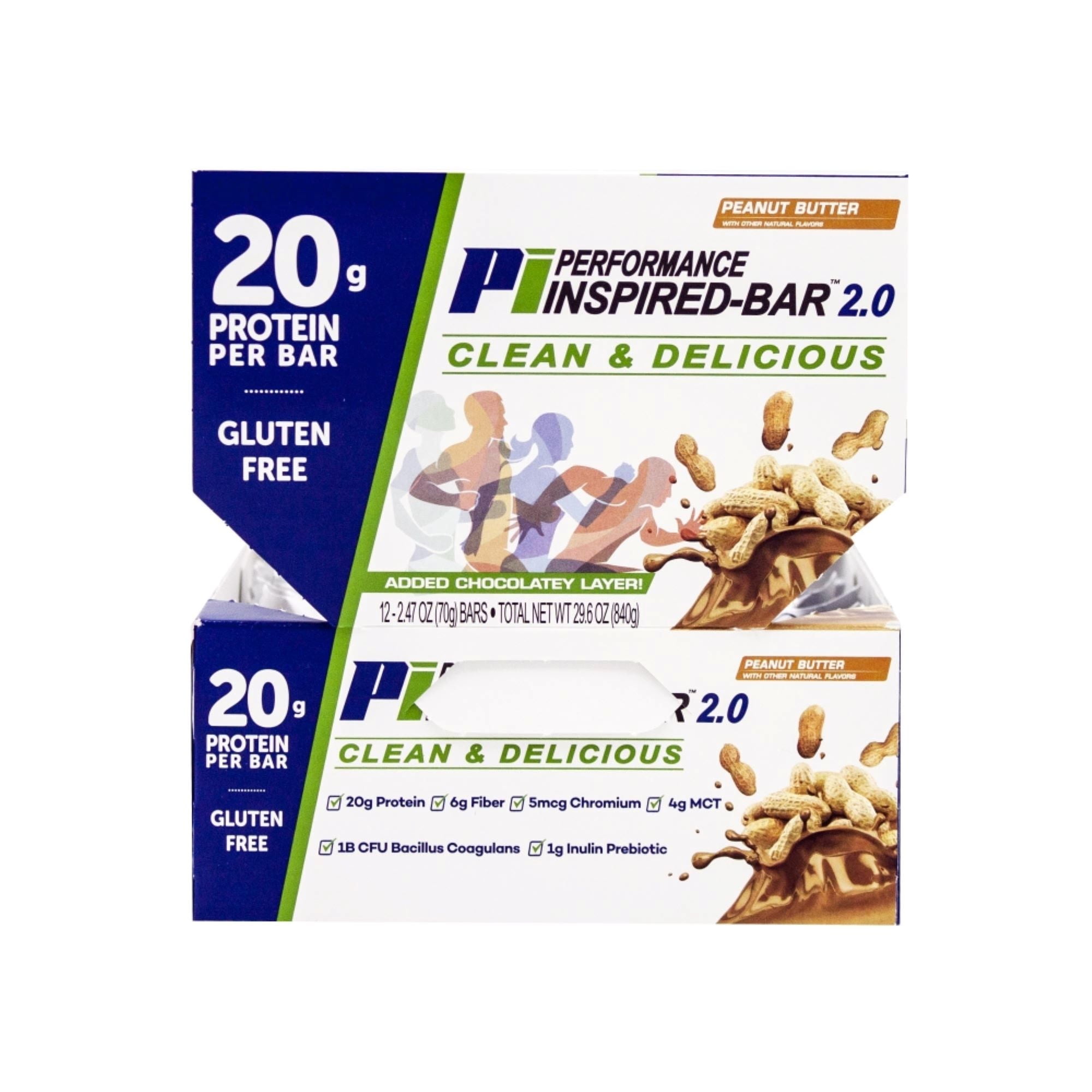 Performance Inspired Nutrition - Protein Bar 2.0 – 20G Protein - 6G Fiber – 1G Prebiotics - G Free – BIG 70g bar - Peanut Butter - 12 Count