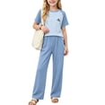 thumbnail image 2 of SGFCWSX Girls 2 Piece Outfits Raglan Sleeve Color Block Short Sleeve T-Shirt Wide Leg Pants Summer Casual Clothes Set Light Blue Size 8, 2 of 9