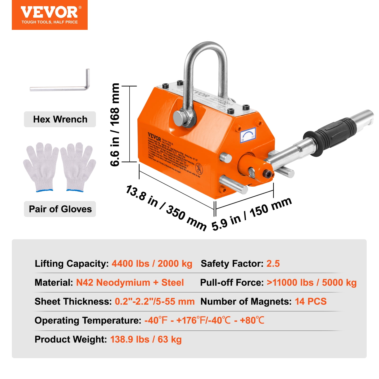 VEVOR Magnetic Lifter, 4400lbs/2000kg Pulling Capacity, 2.5 Safety Factor, Neodymium & Steel, Lifting Magnet with Release, Permanent Lift Magnets, Heavy Duty Magnet for Hoist, Shop Crane, Block