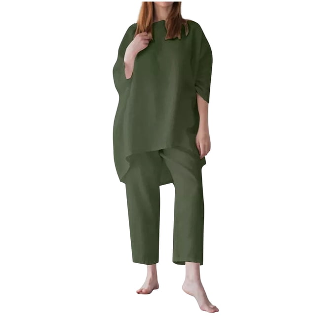 Blusa de Manga larga sólida con cuello redondo Wmkox8yi 2 piezas Conjuntos de pantalones sueltos Mujer S