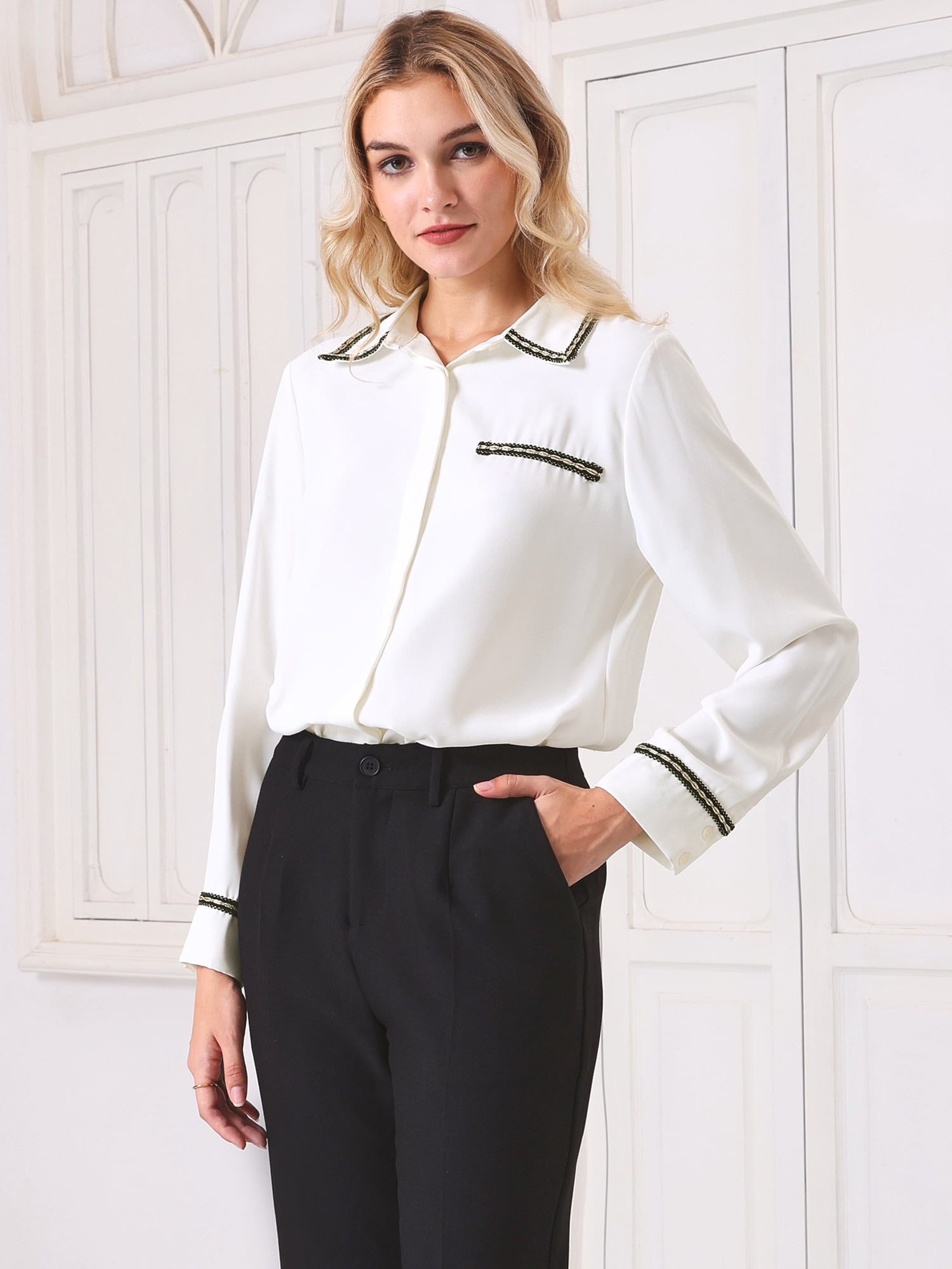 DARING DIVA Women's Long Sleeve Collared Button Down Tweed Office Shirt S White